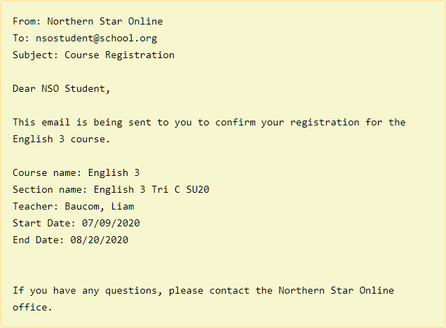 sample Course Registration email